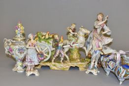 A GROUP OF CONTINENTAL CERAMIC FIGURES, including a pedestal twin handled pot pourri vase and cover,