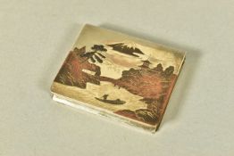 A WHITE METAL JAPANESE STYLE BOX, hinged square box, depicting a tri-coloured oriental river and