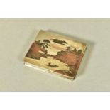 A WHITE METAL JAPANESE STYLE BOX, hinged square box, depicting a tri-coloured oriental river and