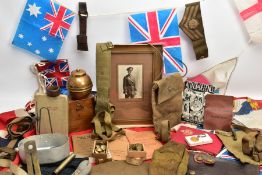 BOX CONTAINING MILITARY ITEMS to include large Union Jack flag, selection of plastic bunting style