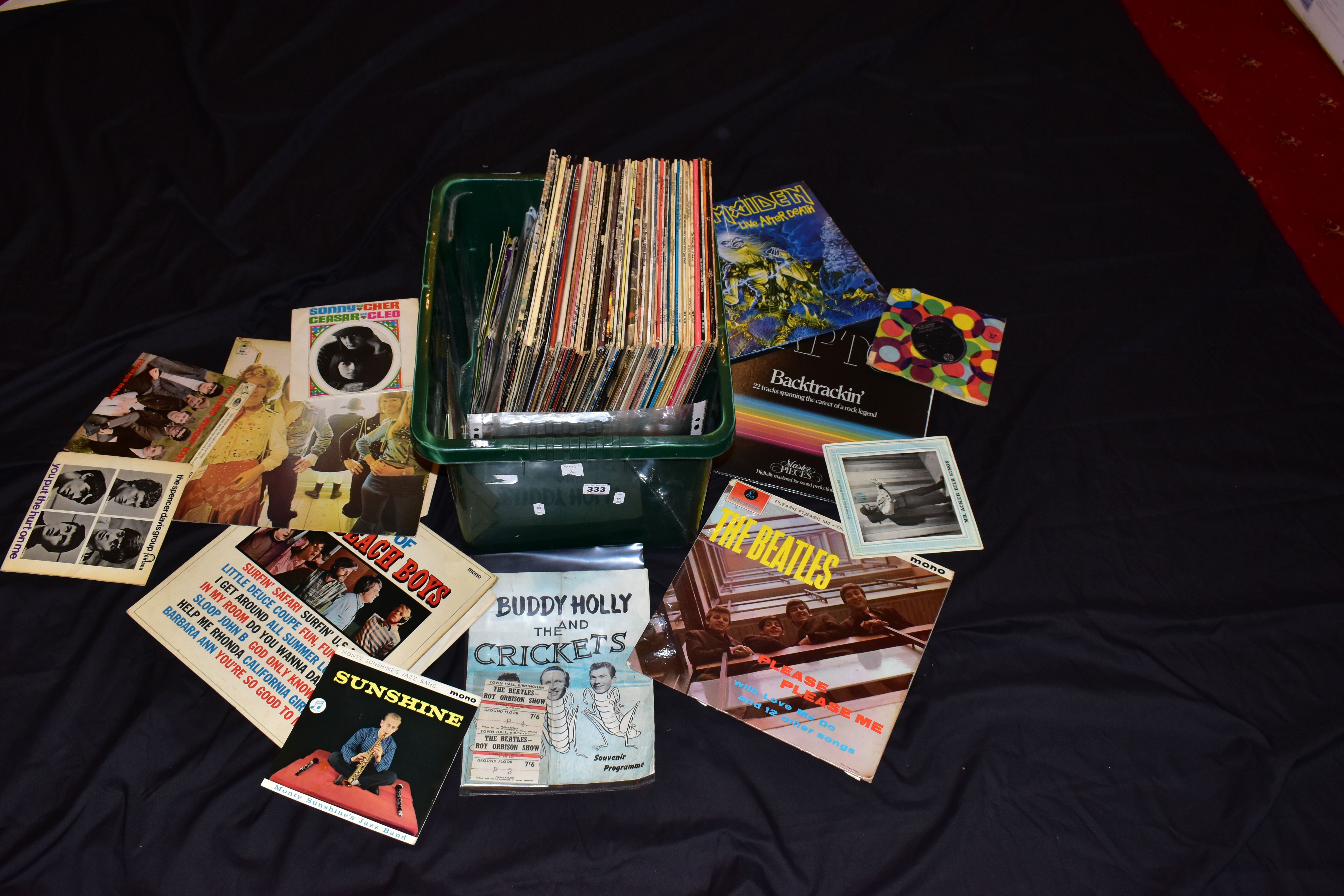 A TRAY CONTAINING LPs, 7in SINGLES AND EPHEMERA FROM THE 1950s AND 60s including two concert tickets