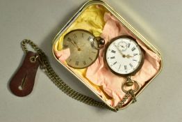 TWO OPEN FACED POCKET WATCHES AND ALBERT CHAIN, the first with a silvered dial, roman numeral and