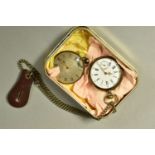 TWO OPEN FACED POCKET WATCHES AND ALBERT CHAIN, the first with a silvered dial, roman numeral and