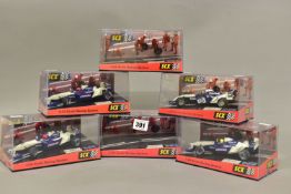 FOUR BOXED SCX WILLIAMS F1 B.M.W. RACING CARS, all 1:32 scale, FW23 No.5 2001 (60950), 2 x No.6 2001