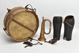 A BOX CONTAINING A MILITARY STYLE DRUM, no markings or maker, a Military style Bugle, a pair of