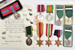 A BOX CONTAINING FAMILY WORLD WAR TWO GROUP OF SIX MEDALS AND OTHERS, to include 1939-45, Africa,