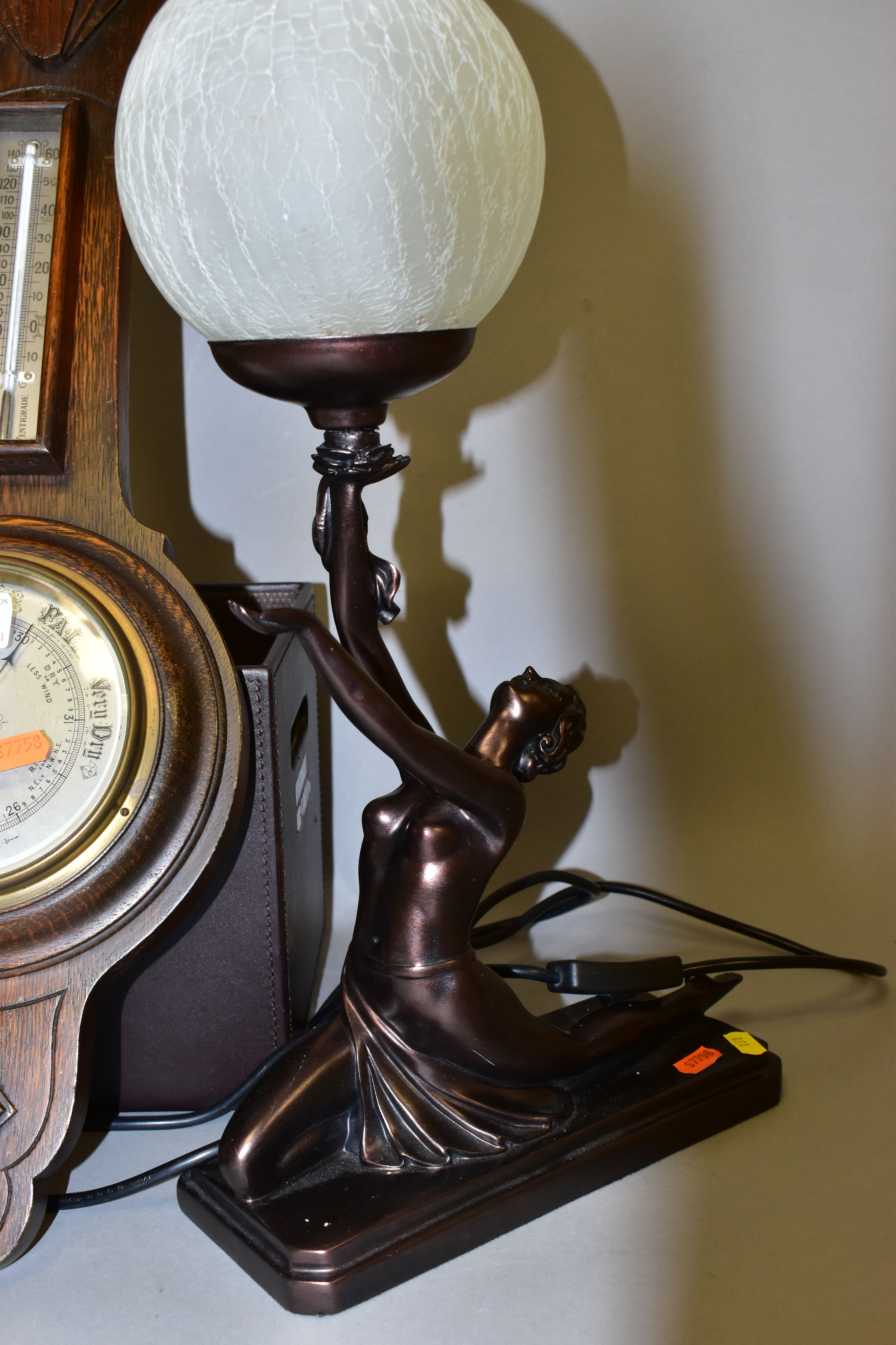 AN OAK ANEROID WHEEL BAROMETER, having mercury Fahrenheit and centigrade thermometer by Barker & - Image 4 of 4