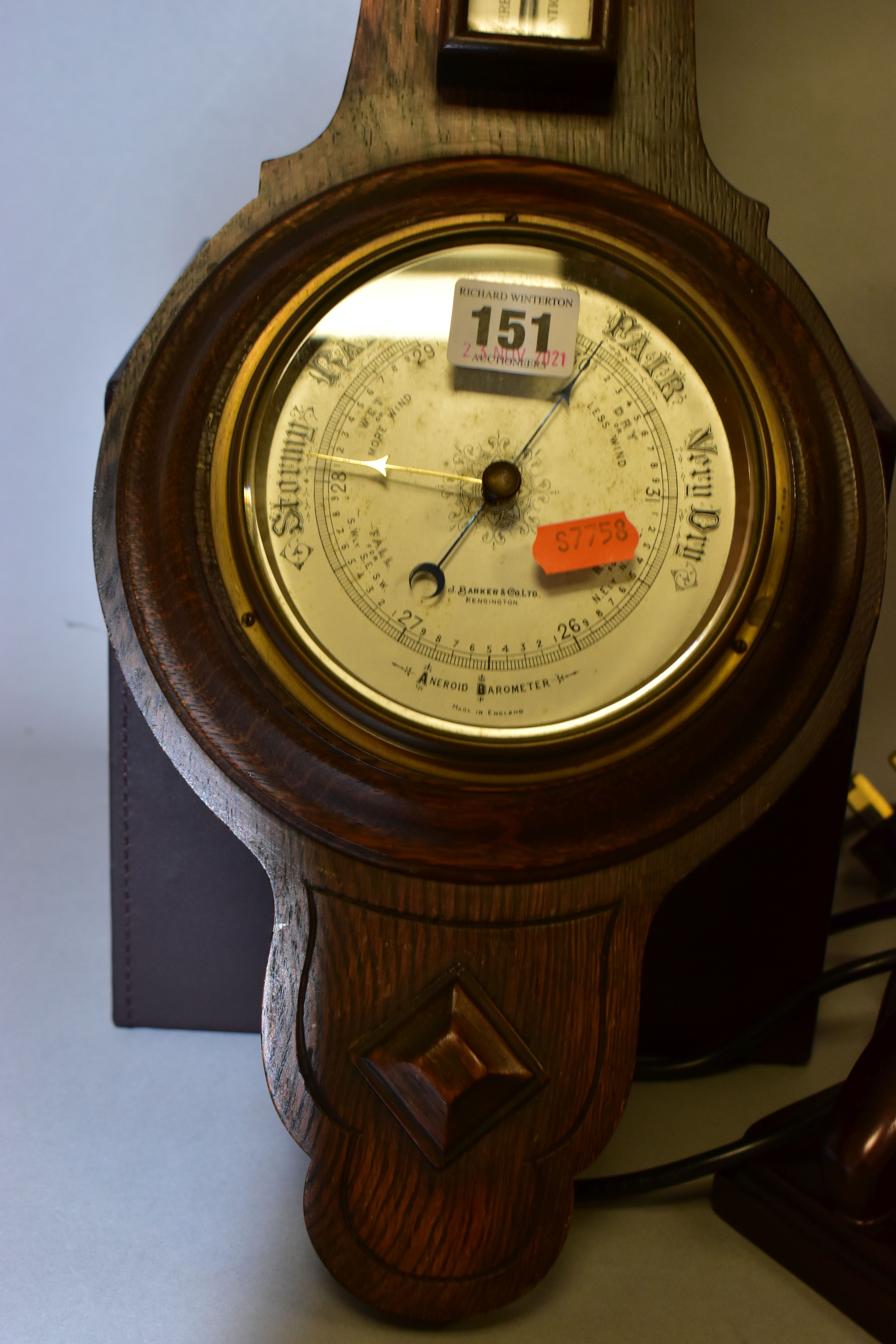 AN OAK ANEROID WHEEL BAROMETER, having mercury Fahrenheit and centigrade thermometer by Barker & - Image 3 of 4