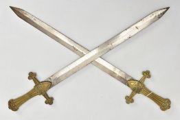 A PAIR OF VICTORIAN BANDSMAN SWORDS, brass grips with 'VR' Cypher, on both sides, no maker markings,