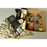 A BOX OF ASSORTED ITEMS AND A BOX OF CUTLERY, to include a variety of costume jewellery such as an