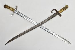 TWO EXAMPLES OF VICTORIAN ERA RIFLE BAYONETS, (a) French Yataghan Rifle bayonet, blade pitted and