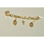 A 9CT GOLD GATE BRACELET AND MATCHING EARRINGS, the bracelet is broken, with 9ct hallmark, width