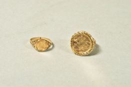 TWO 9CT GOLD COIN RINGS, both with pierced detail to the shoulders, coins believed to be gold