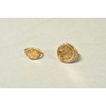 TWO 9CT GOLD COIN RINGS, both with pierced detail to the shoulders, coins believed to be gold