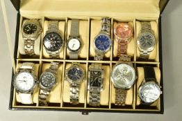 A WATCH DISPLAY CASE WITH WATCHES, a black and glass panelled watch display case with twelve watches