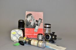 A SELECTION OF VINTAGE CAMERA LENSES AND ACCESSORIES including a Meyer-Optik Gorlitz Trioplan f2.8