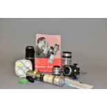 A SELECTION OF VINTAGE CAMERA LENSES AND ACCESSORIES including a Meyer-Optik Gorlitz Trioplan f2.8