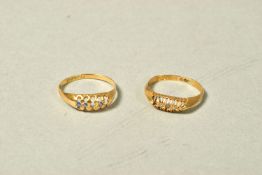 TWO EARLY 20TH CENTURY 18CT GOLD GEM SET BOAT RINGS, the first set with three graduated diamonds,