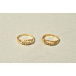 TWO EARLY 20TH CENTURY 18CT GOLD GEM SET BOAT RINGS, the first set with three graduated diamonds,