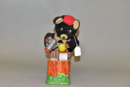 A PART BOXED TINPLATE AND PLUSH BATTERY OPERATED DRINKING OR PICNIC BEAR, not tested, brown plush