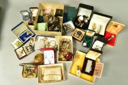 TWO BOXES OF ASSORTED ITEMS, to include a quantity of costume jewellery such as Wedgwood brooch, a