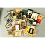 TWO BOXES OF ASSORTED ITEMS, to include a quantity of costume jewellery such as Wedgwood brooch, a