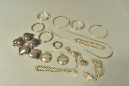 A BAG OF ASSORTED SILVER AND WHITE METAL JEWELLERY, to include a silver charm bracelet suspending