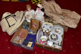 THREE BOXES AND LOOSE CERAMICS, GLASS, COLLECTORS DOLLS, COATS ETC, including Royal Winton Hazel