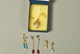 THREE PAIRS OF EARRINGS AND A LOCKET WITH CHAIN, to include three pairs of drop earrings, one set