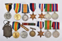 A BOX CONTAING WORLD WAR ONE AND SECOND WORLD WAR MEDALS, to include a British War & Victory medal