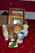 THREE SALT GLAZE STONE WARE FLAGONS, VARIOUS CERAMICS, PICTURES,ETC including four limited edition