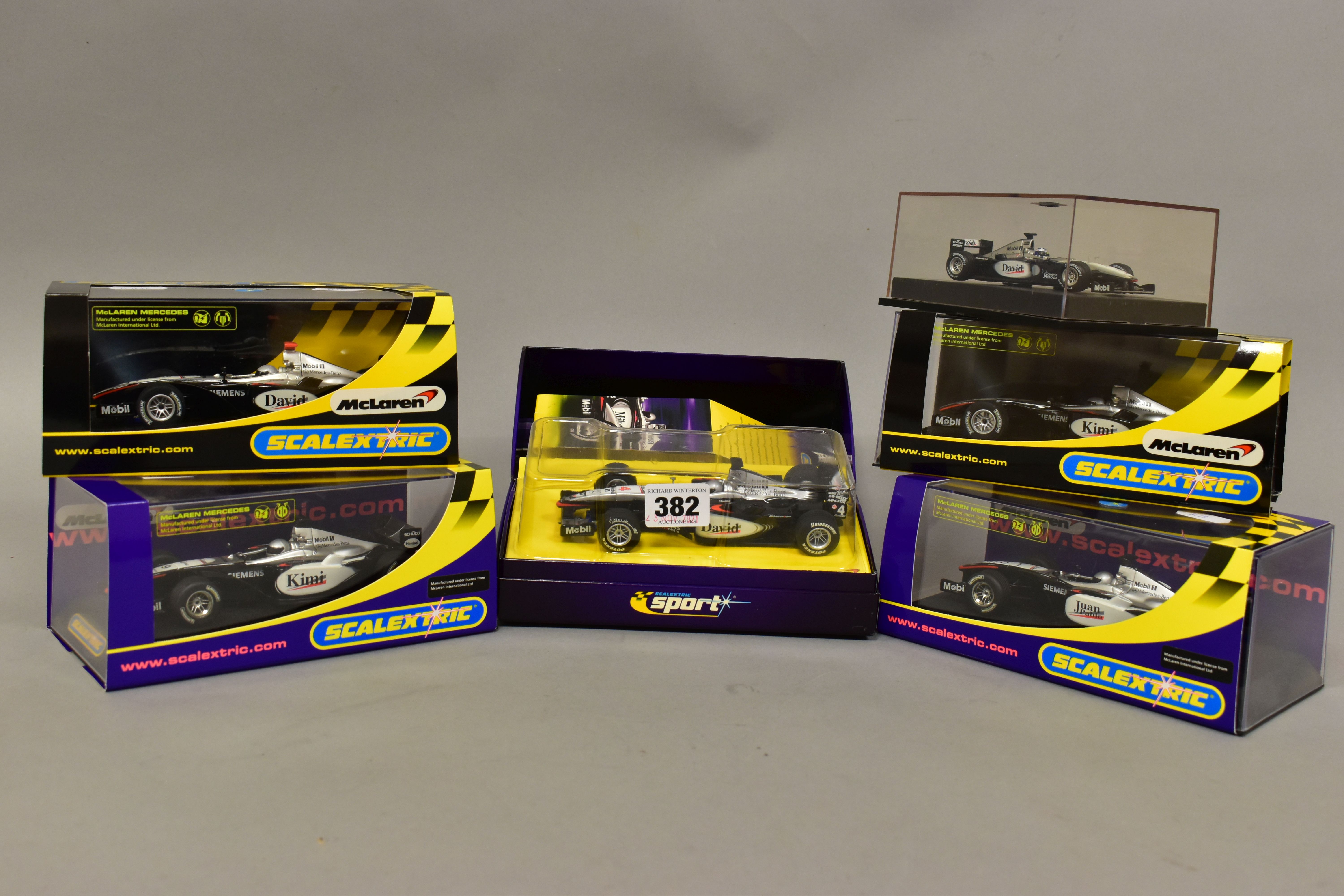 FIVE BOXED SCALEXTRIC McLAREN MERCEDES MP4-16 F1 RACING CARS, No.5 DAVID 2004 (C2554), No.6 KIMI