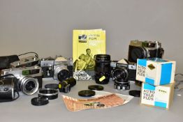 A TRAY CONTAINING SIX PETRI FILM CAMERAS comprising of a Flex V3 with 50mm f2 lens, a FT with a