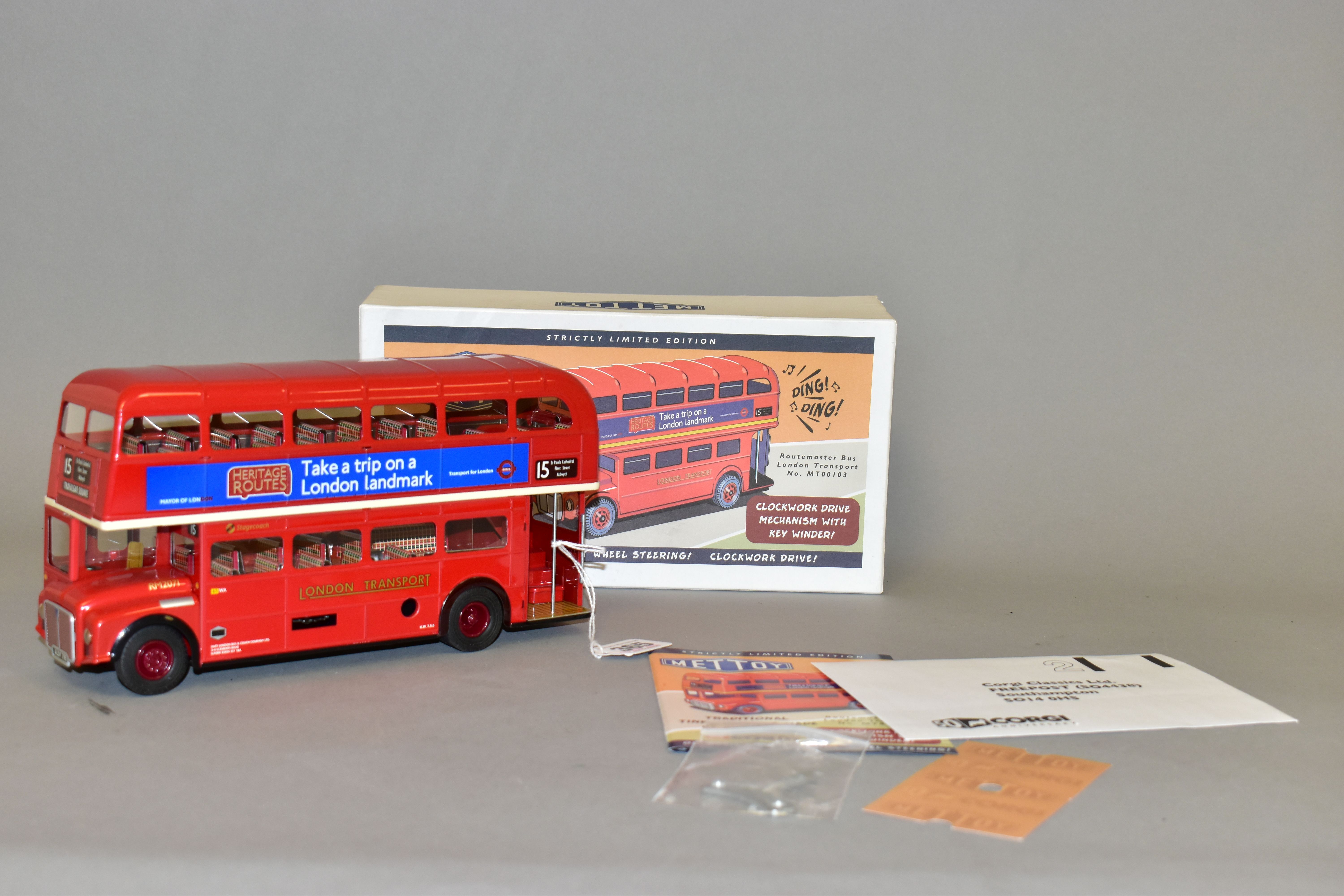 A CORGI METTOY LIMITED EDITION TINPLATE CLOCKWORK LONDON TRANSPORT ROUTMASTER BUS, No. MT 00103,
