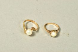 TWO 9CT GOLD CULTURED PEARL RINGS, the first a single cultured pearl in a leaf design setting,
