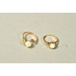 TWO 9CT GOLD CULTURED PEARL RINGS, the first a single cultured pearl in a leaf design setting,