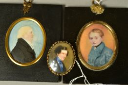 TWO EARLY 19TH CENTURY PORTRAIT MINIATURES IN EBONISED FRAMES AND ANOTHER OF A LATE 19TH CENTURY