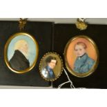 TWO EARLY 19TH CENTURY PORTRAIT MINIATURES IN EBONISED FRAMES AND ANOTHER OF A LATE 19TH CENTURY