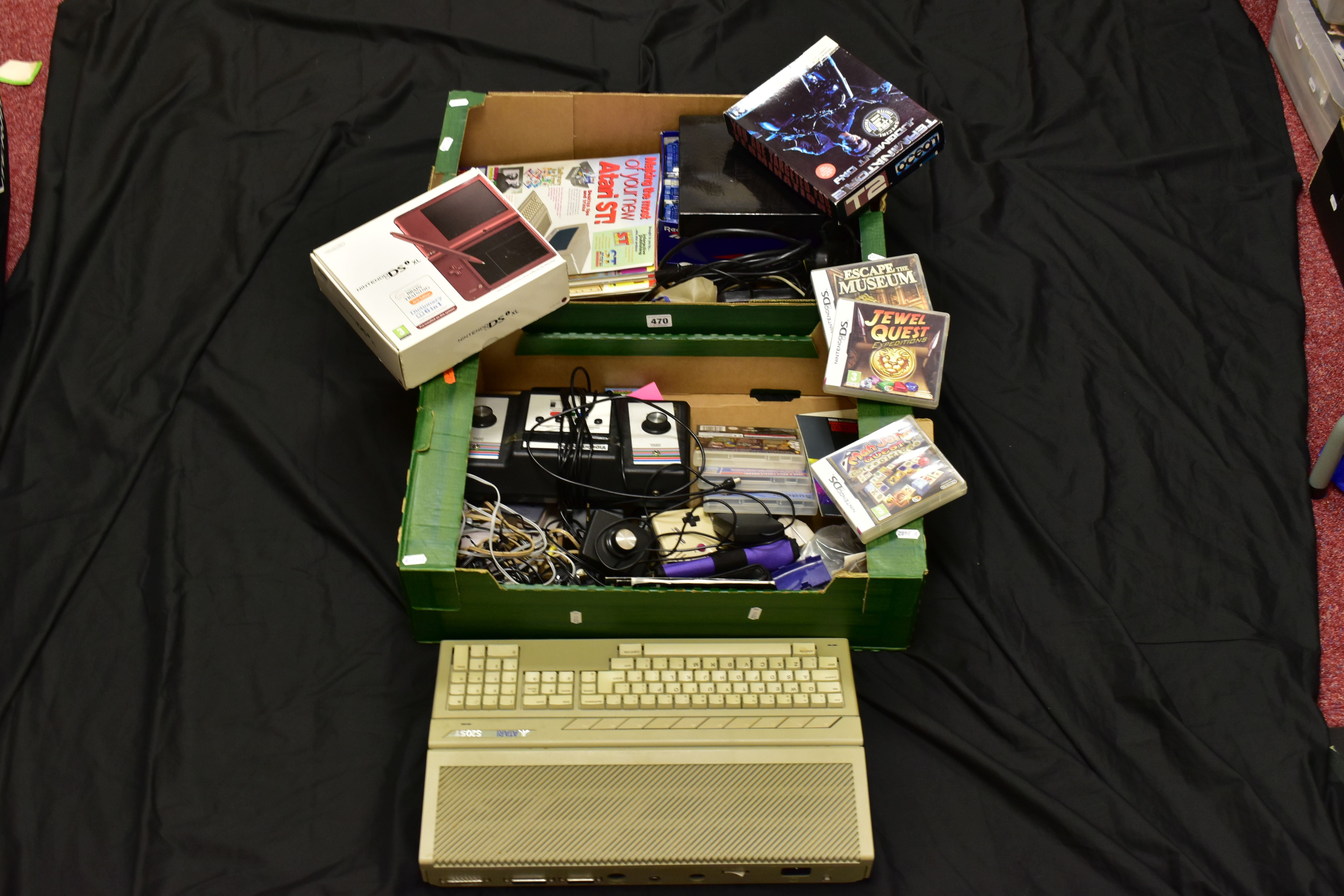 TWO TRAYS CONTAINING GAMING EQUIPMENT including an Atari 520STFM Personal Computer with power cable,