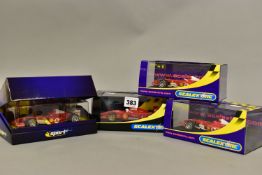 FOUR BOXED SCALEXTRIC FERRARI F1 RACING CARS, 643 No.6 (C2115), F2004 No.1 (C2676), No.2 (2677)