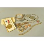 A SELECTION OF ITEMS, to include a silver open faced pocket watch case, with a detailed foliate