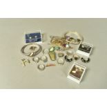 A BAG OF ASSORTED JEWELLERY, to include a silver ring set with an oval smokey quartz, bifurcated