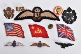 WORLD WAR TWO ERA BADGES, to include RAF, SAAF, NZ, US, & 3 cloth allies patches UK,US,Russia.