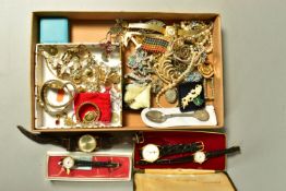 A TRAY OF ASSORTED COSTUME JEWELLERY AND WRISTWATCHES, to include a quantity of costume jewellery