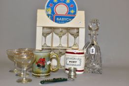 A THOMAS WEBB CUT GLASS TRICORN DECANTER, together with five 1950's Babycham Glasses, white fawn and