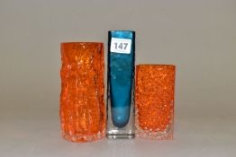 GEOFREY BAXTER FOR WHITEFRIARS, a textured nailhead rectangular vase in kingfisher blue, height