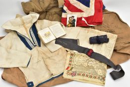 A BOX CONTAINING VARIOUS MILITARY UNIFORM ITEMS TO A MEMBER OF THE ROYAL NAVY SERVING IN WORLD WAR