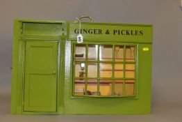 A WOODEN TOY GINGER & PICKLES SHOP AND CONTENTS, green painted Georgian style shopfront with bow