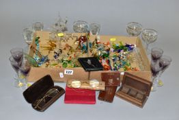 THREE BOXES OF GLASSWARE AND SUNDRIES, to include Murano glasss lampwork figures (sd), six