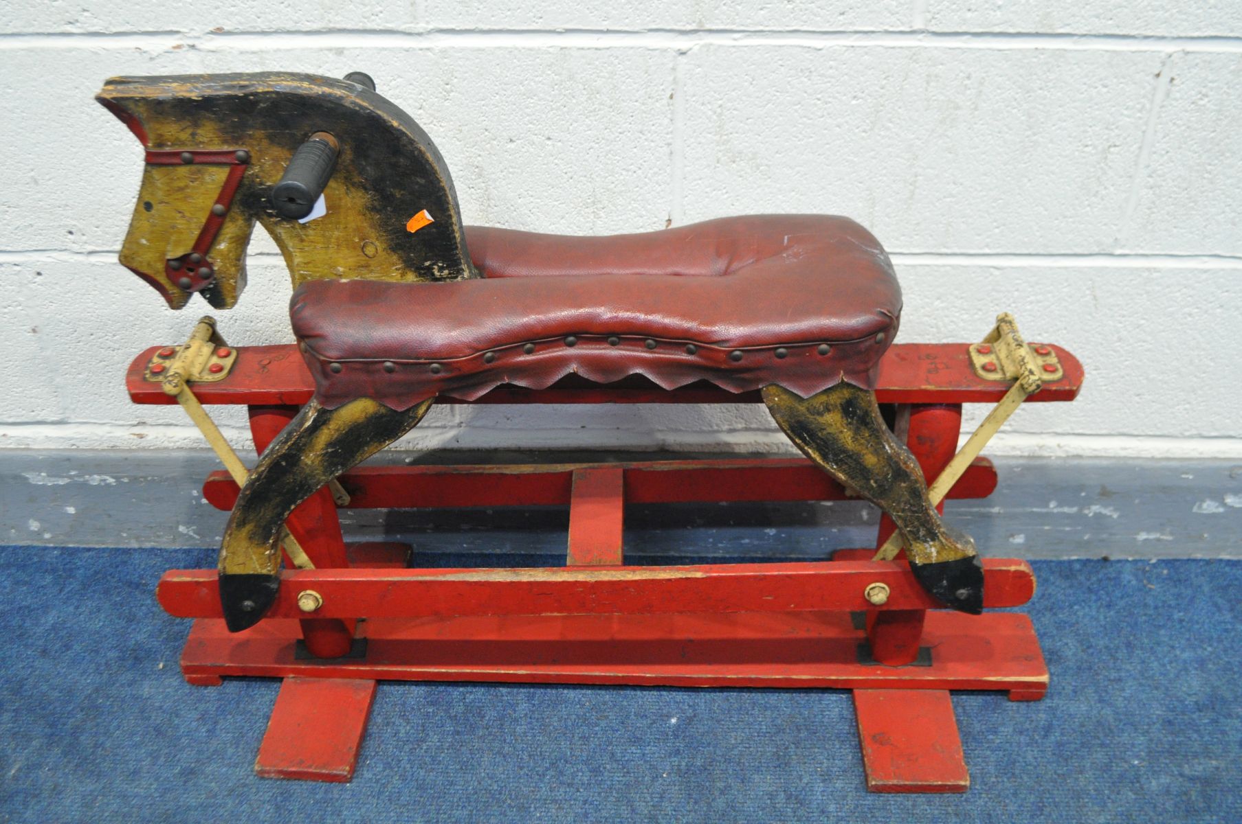 A VINTAGE TRESTLE ROCKING HORSE with a red leatherette seat - Image 2 of 3